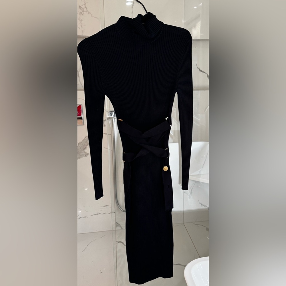Guess by Marciano Black Long Sleeve Rib-Knit Mock Neck Fitted Midi Dress